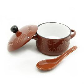 Handled Soup Bowl with a Spoon - Brown