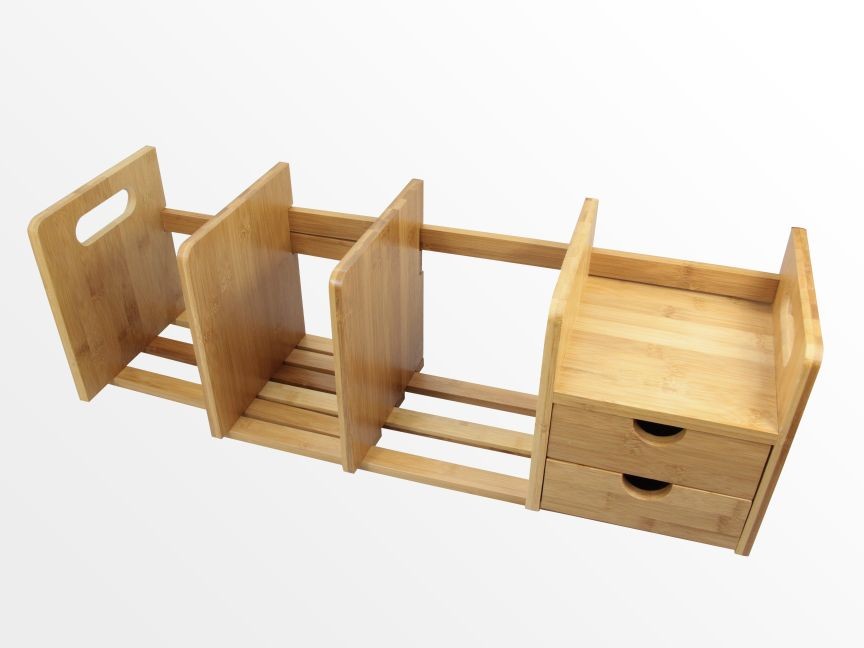 Expandable bookshelf with drawers