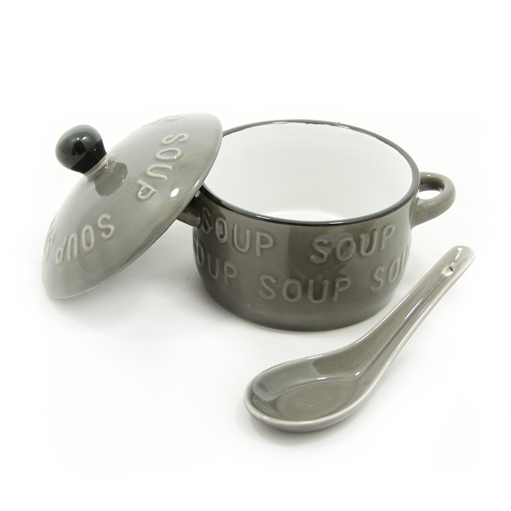 Handled Soup Bowl with a Spoon - Dark Grey